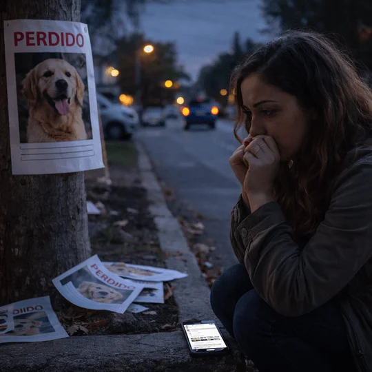 Dueño buscando a su mascota perdida, preguntando a vecinos y compartiendo la búsqueda